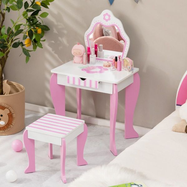 Kids Vanity Table & Stool Set with Mirror & Drawer