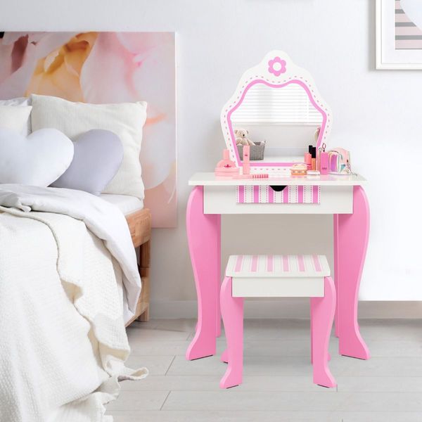 Kids Vanity Table & Stool Set with Mirror & Drawer