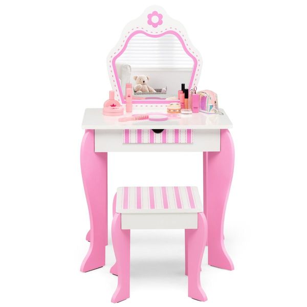 Kids Vanity Table & Stool Set with Mirror & Drawer