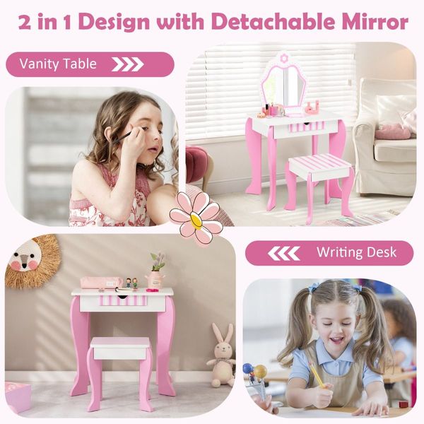 Kids Vanity Table & Stool Set with Mirror & Drawer