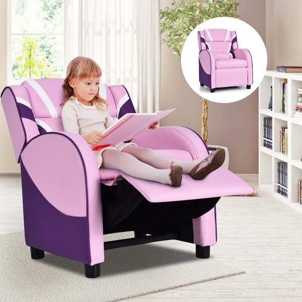 Ergonomic Sofa Lounge Recliner with Adjustable Backrest & Storage Pocket for Kids Blue & Pink