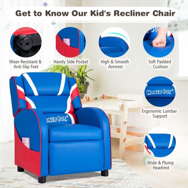 Ergonomic Sofa Lounge Recliner with Adjustable Backrest & Storage Pocket for Kids Blue & Pink