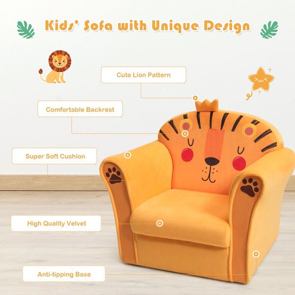 Lion Pattern Kids Armchair with Wooden Frame for Baby Room