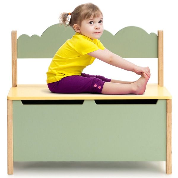 2-in-1 Kids Toy Box with Safety Hinged Lid for Playroom Bedroom-Green