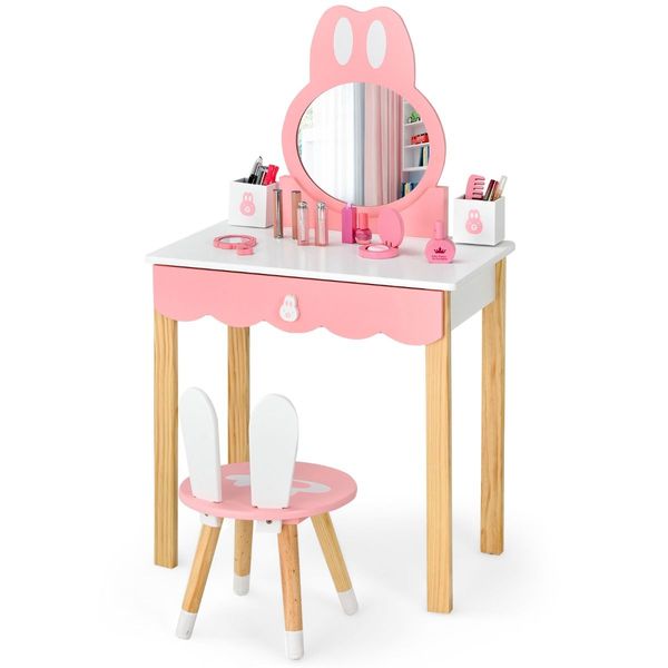 Kids Vanity Table & Chair Set with Rabbit Mirror & Storage Drawer