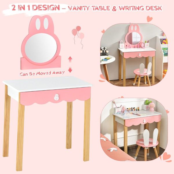 Kids Vanity Table & Chair Set with Rabbit Mirror & Storage Drawer