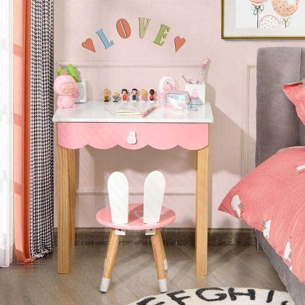 Kids Vanity Table & Chair Set with Rabbit Mirror & Storage Drawer