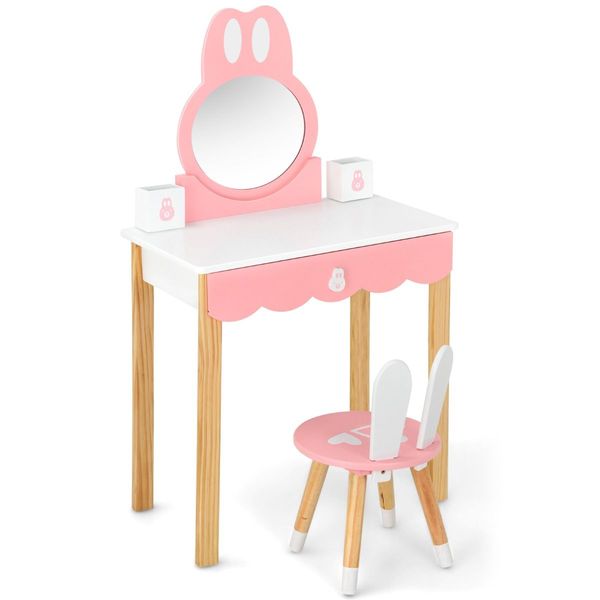 Kids Vanity Table & Chair Set with Rabbit Mirror & Storage Drawer