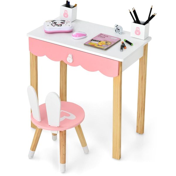 Kids Vanity Table & Chair Set with Rabbit Mirror & Storage Drawer