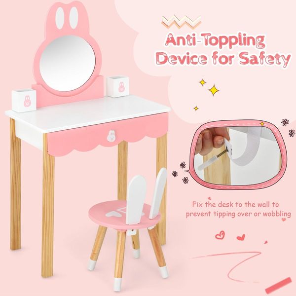 Kids Vanity Table & Chair Set with Rabbit Mirror & Storage Drawer