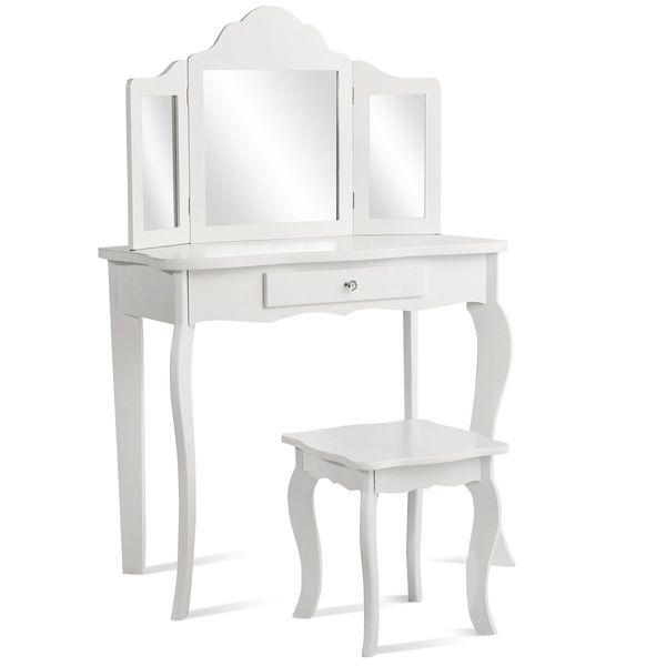 Kids Dressing Table Set with Stool & Mirror for Children Ages 3-7