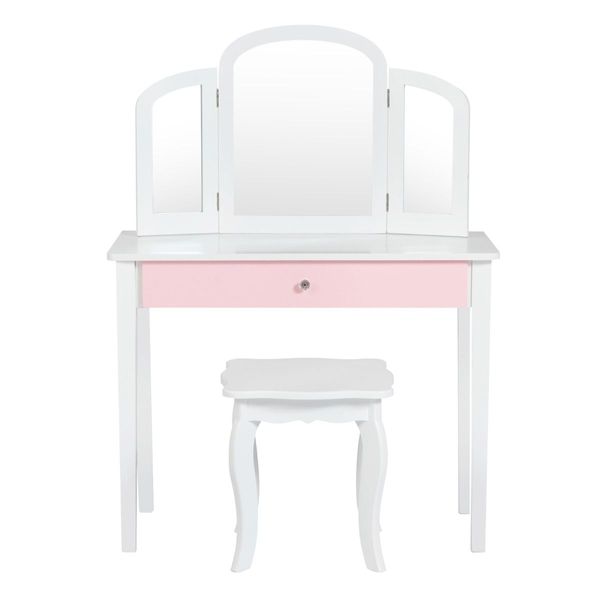 Kids Makeup Table Stool Set with Tri-folding Mirror for Bedroom