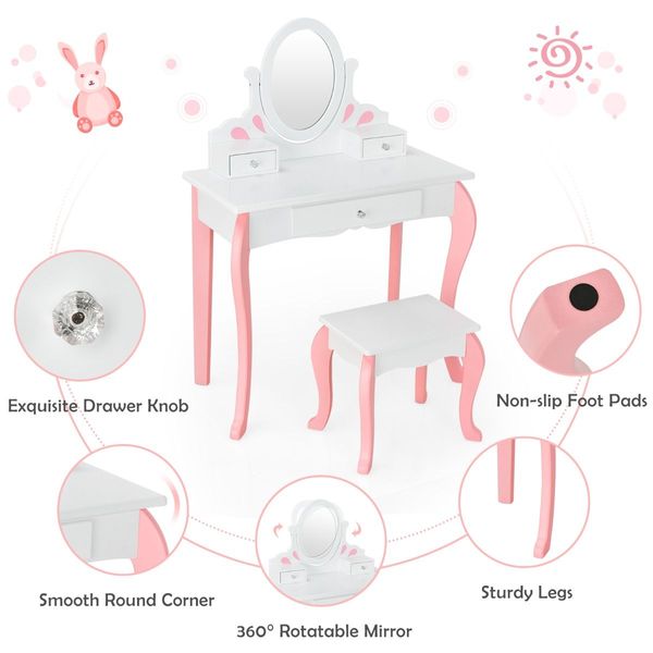 Kids Makeup Table Stool Set with Mirror Drawer for Bedroom