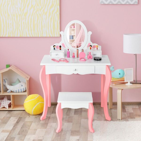 Kids Makeup Table Stool Set with Mirror Drawer for Bedroom