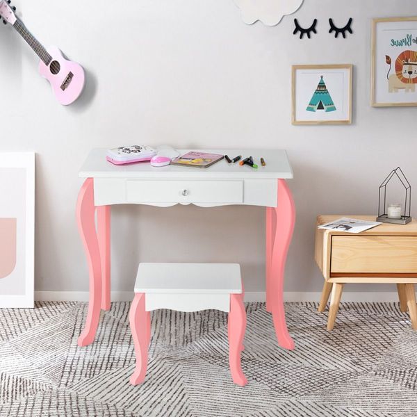 Kids Makeup Table Stool Set with Mirror Drawer for Bedroom