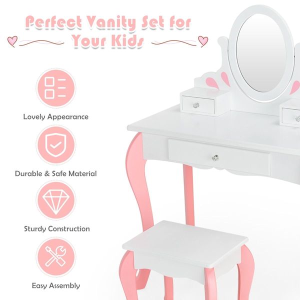 Kids Makeup Table Stool Set with Mirror Drawer for Bedroom