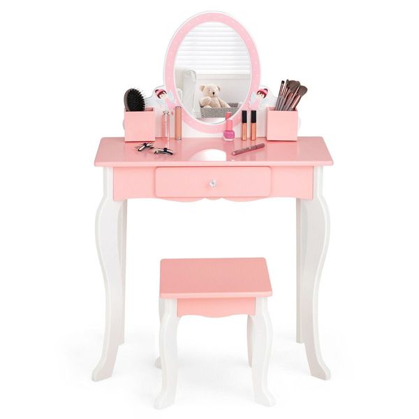 2-in-1 Kids Vanity Table and Stool Set with Mirror