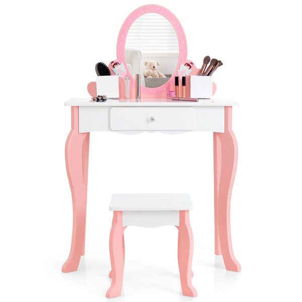 2-in-1 Kids Vanity Table and Stool Set with Mirror