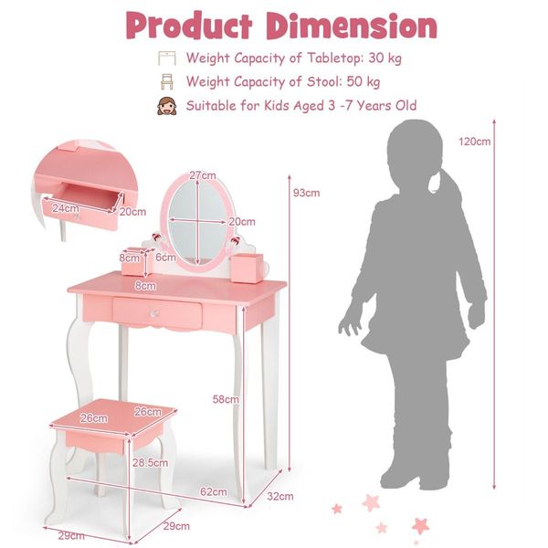 2-in-1 Kids Vanity Table and Stool Set with Mirror