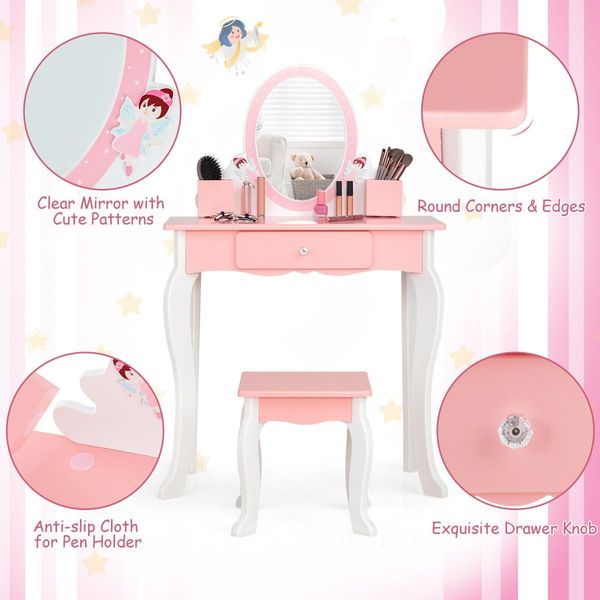 2-in-1 Kids Vanity Table and Stool Set with Mirror