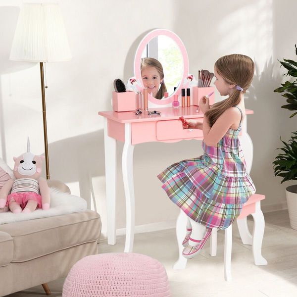 2-in-1 Kids Vanity Table and Stool Set with Mirror