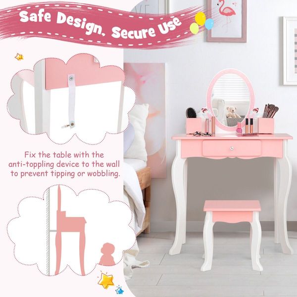 2-in-1 Kids Vanity Table and Stool Set with Mirror