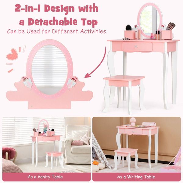 2-in-1 Kids Vanity Table and Stool Set with Mirror