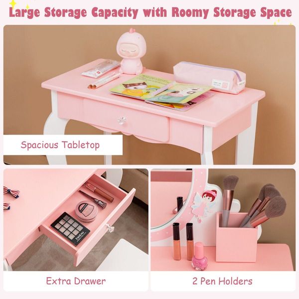 2-in-1 Kids Vanity Table and Stool Set with Mirror