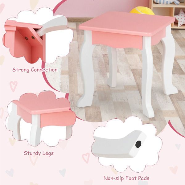 2-in-1 Kids Vanity Table and Stool Set with Mirror