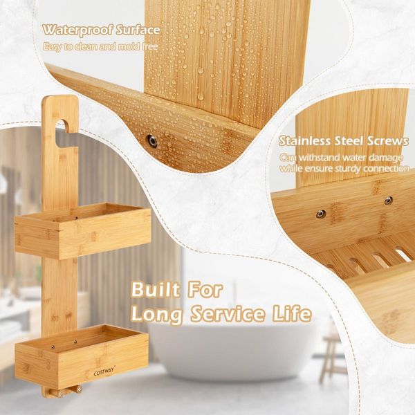 2-Tier Waterproof Bamboo Hanging Shower Caddy with 2 Hooks