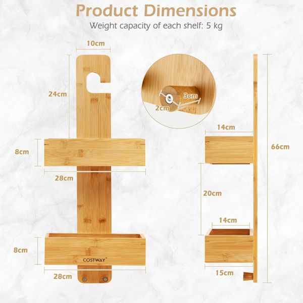 2-Tier Waterproof Bamboo Hanging Shower Caddy with 2 Hooks