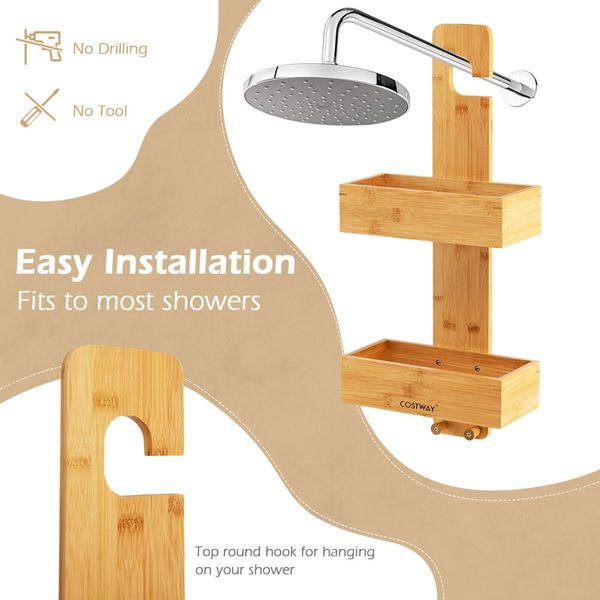 2-Tier Waterproof Bamboo Hanging Shower Caddy with 2 Hooks