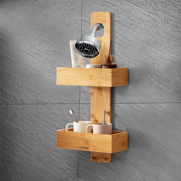 2-Tier Waterproof Bamboo Hanging Shower Caddy with 2 Hooks