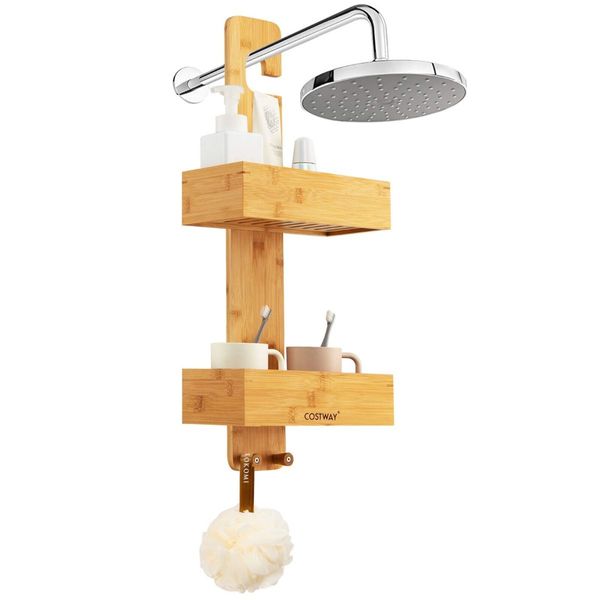 2-Tier Waterproof Bamboo Hanging Shower Caddy with 2 Hooks