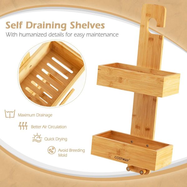 2-Tier Waterproof Bamboo Hanging Shower Caddy with 2 Hooks