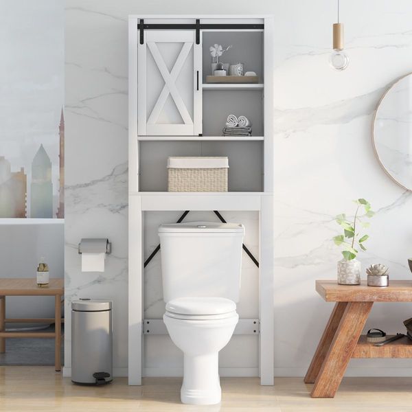 4-Tier Over-the-toilet Cabinet with Sliding Barn Door & Adjustable Shelves