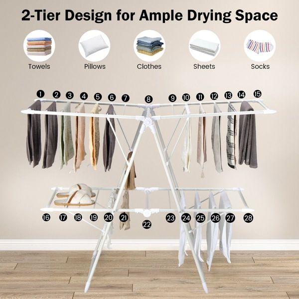 2-Level Foldable Clothes Drying Rack with Height-Adjustable Gullwings for Bathroom/Living Room