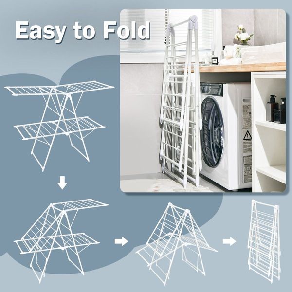 2-Level Foldable Clothes Drying Rack with Height-Adjustable Gullwings for Bathroom/Living Room