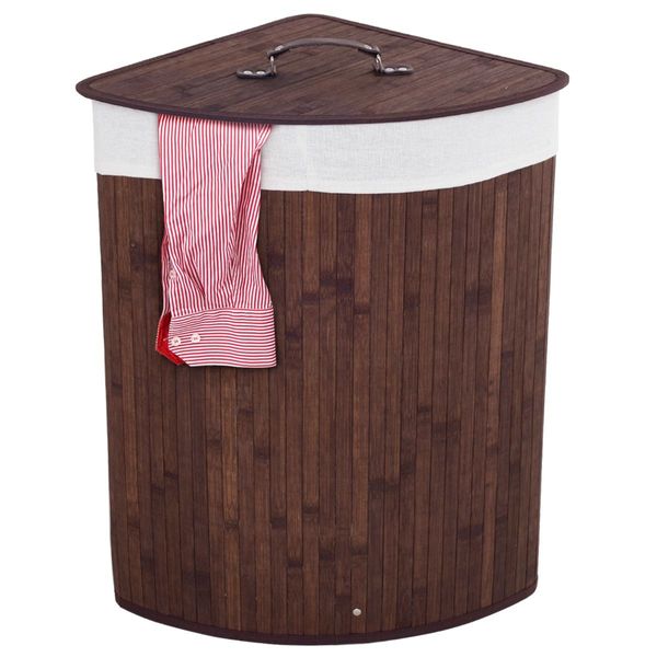 Bamboo Corner Laundry Hamper with Lid & PU Handle for Bedroom/Bathroom