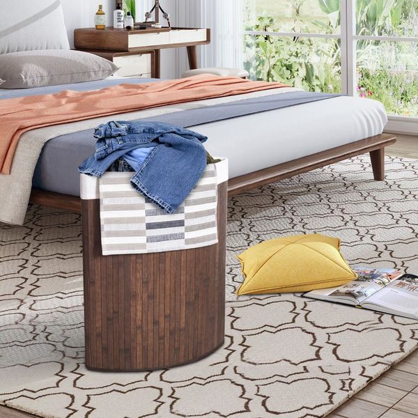 Bamboo Corner Laundry Hamper with Lid & PU Handle for Bedroom/Bathroom