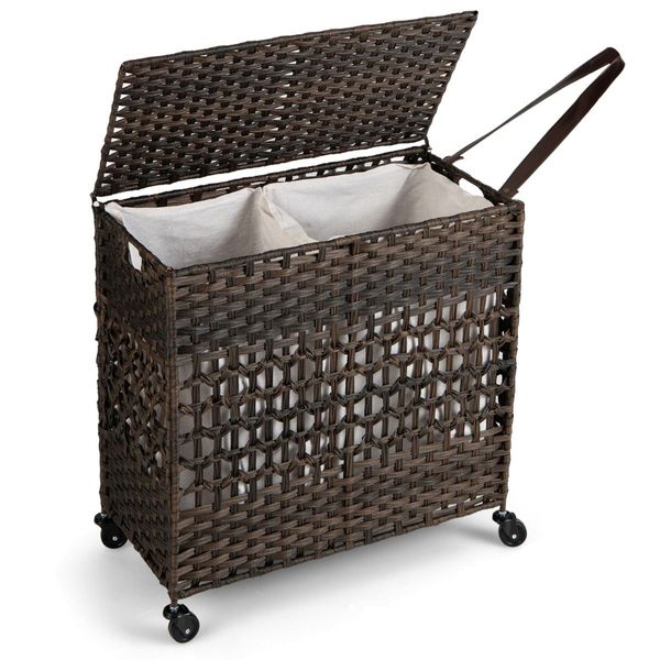 110L Rolling Synthetic Rattan Laundry Hamper with Lid & 2 Removable Liner Bags