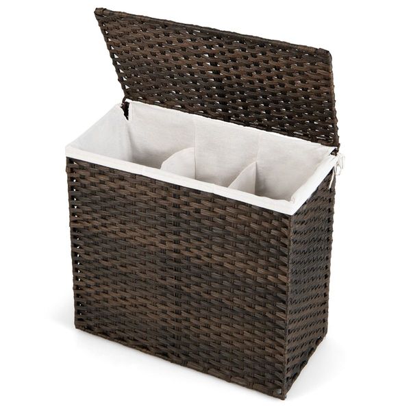 110L PE Rattan Laundry Basket with Lid & Handles & 3 Section Liner Bag