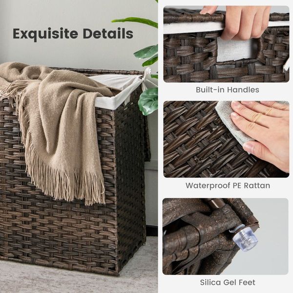 110L PE Rattan Laundry Basket with Lid & Handles & 3 Section Liner Bag