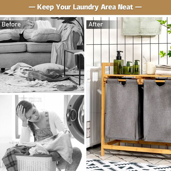 2-Section Bamboo Laundry Hamper with Dual Compartments for Bathroom