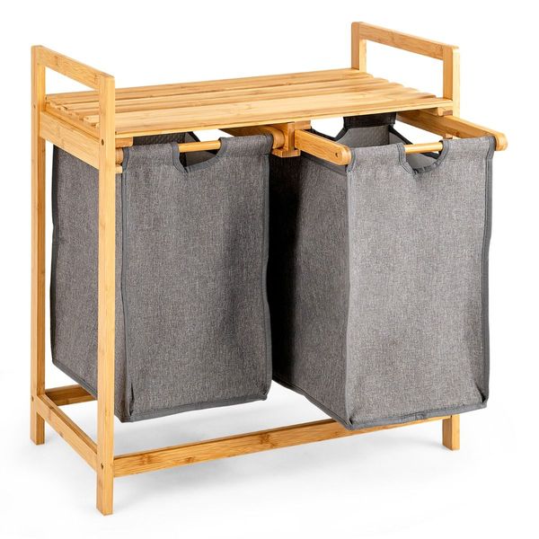 2-Section Bamboo Laundry Hamper with Dual Compartments for Bathroom