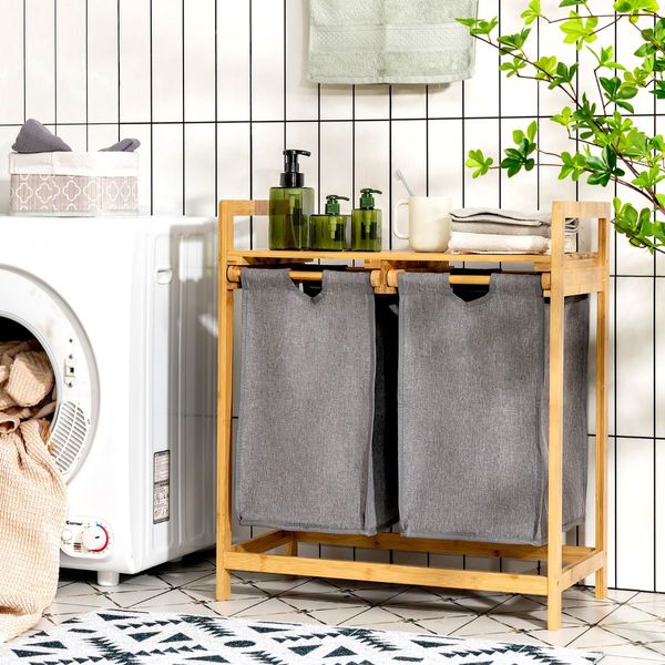 2-Section Bamboo Laundry Hamper with Dual Compartments for Bathroom