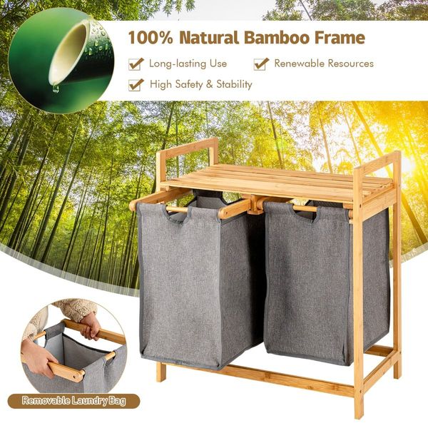 2-Section Bamboo Laundry Hamper with Dual Compartments for Bathroom