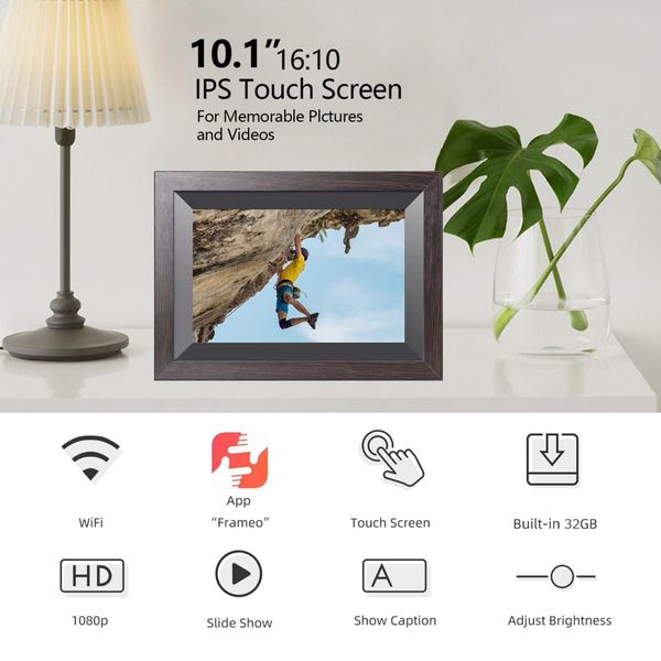 10.1 Inch Smart WiFi Digital Photo Frame 720P IPS LCD Touch Screen,Auto-Rotate Portrait and Landscape,Built in 32GB Memory,Share Moments Instantly (Black Wooden Frame)