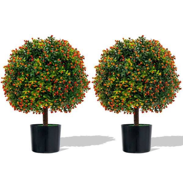 2-Pack Faux Potted Plant with Orange Fruit and Cement Base