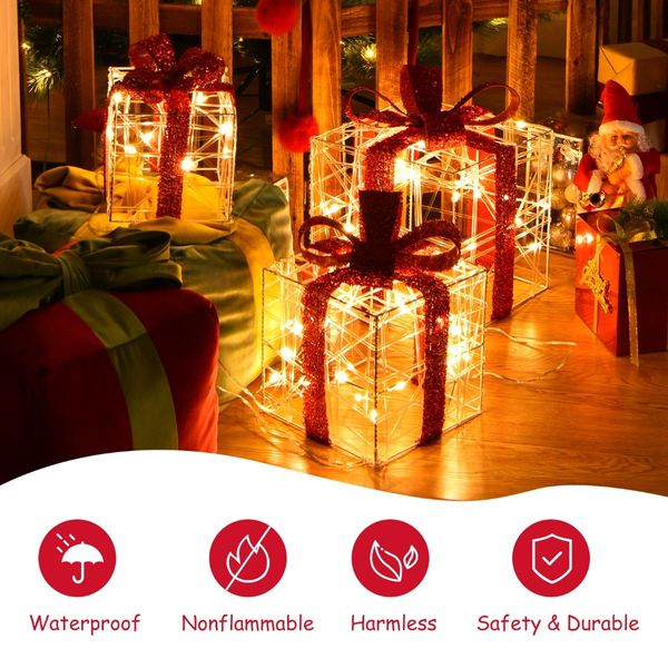 Set of 3 Christmas Lighted Gift Boxes with Waterproof Plug